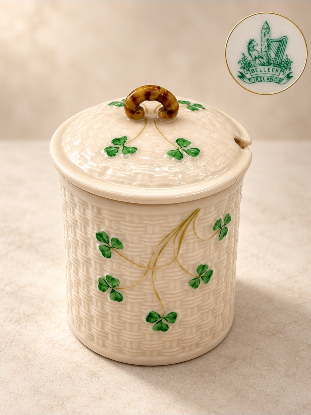Belleek Shamrock Basketweave Lidded Jar Ireland Vintage Porcelain